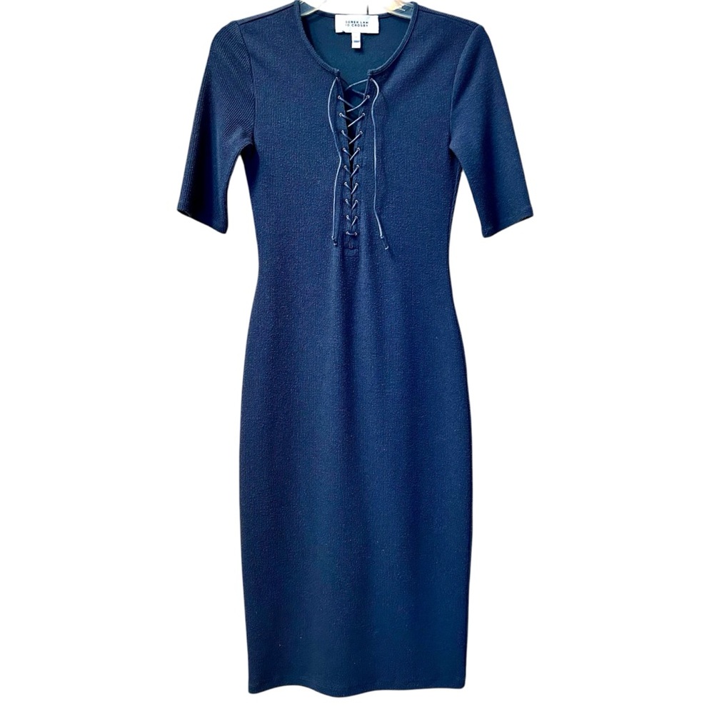 Derek Lam 10 Crosby Ribbed Knit Lace-up Midi Dress Midnight Blue Sz Small